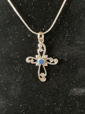 Silver Cross Pendant Necklace with Lapis Center Stone